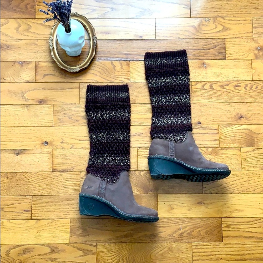 UGG Cresthaven Brown Leather & Knit Wedge Boots